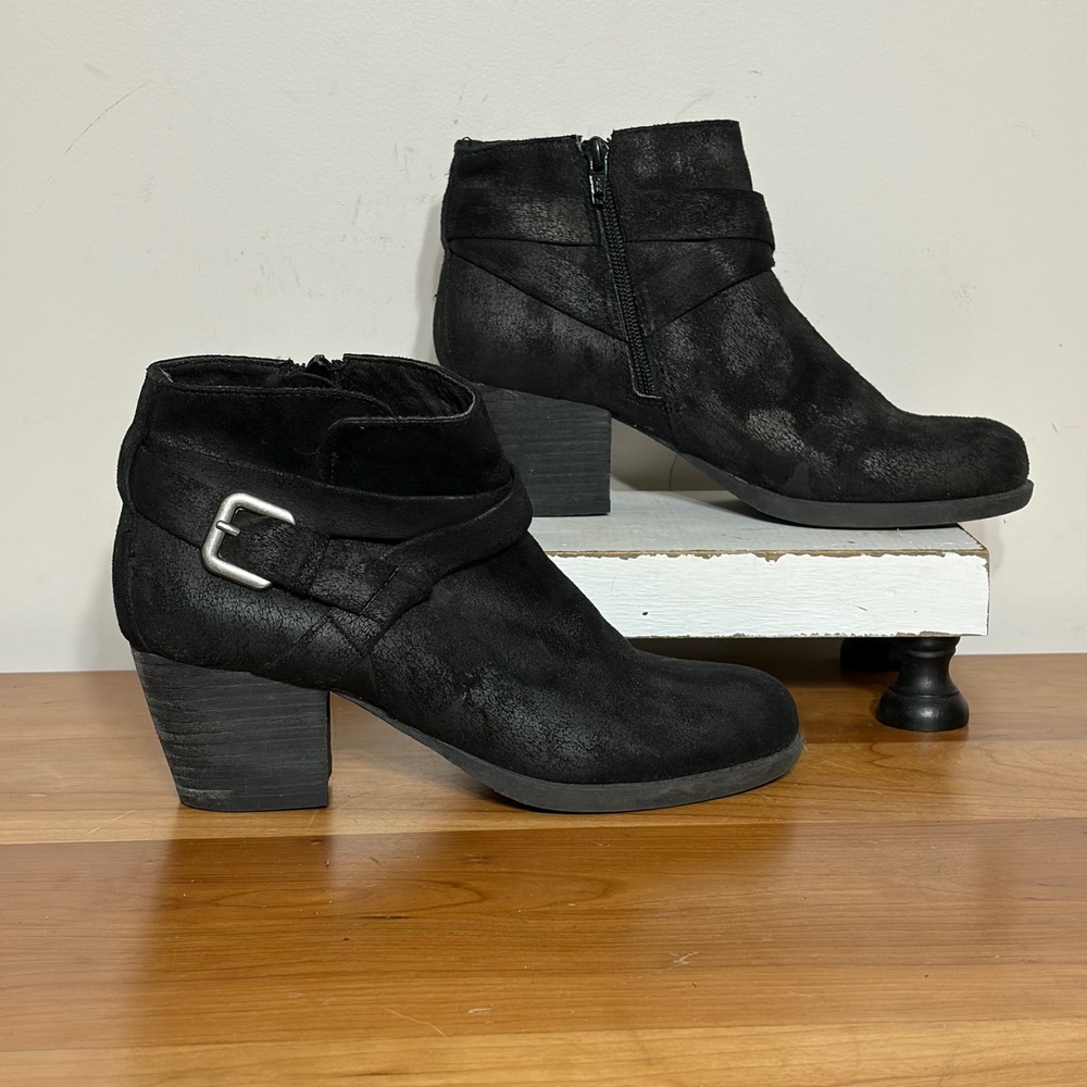 Crown Vintage Womens Black Ankle Boots Buckle Strap Block Heel 7.5M 4617445